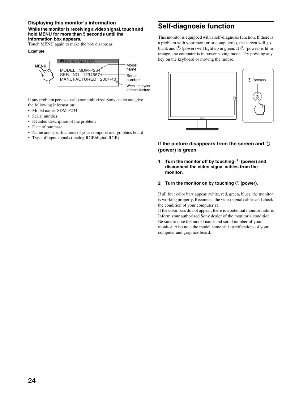 Self-diagnosis function | Sony SDM-P234 User Manual | Page 24 / 26