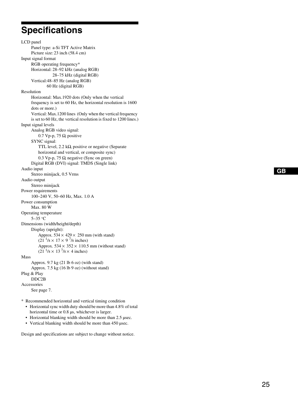 Specifications | Sony SDM-P234 User Manual | Page 25 / 26