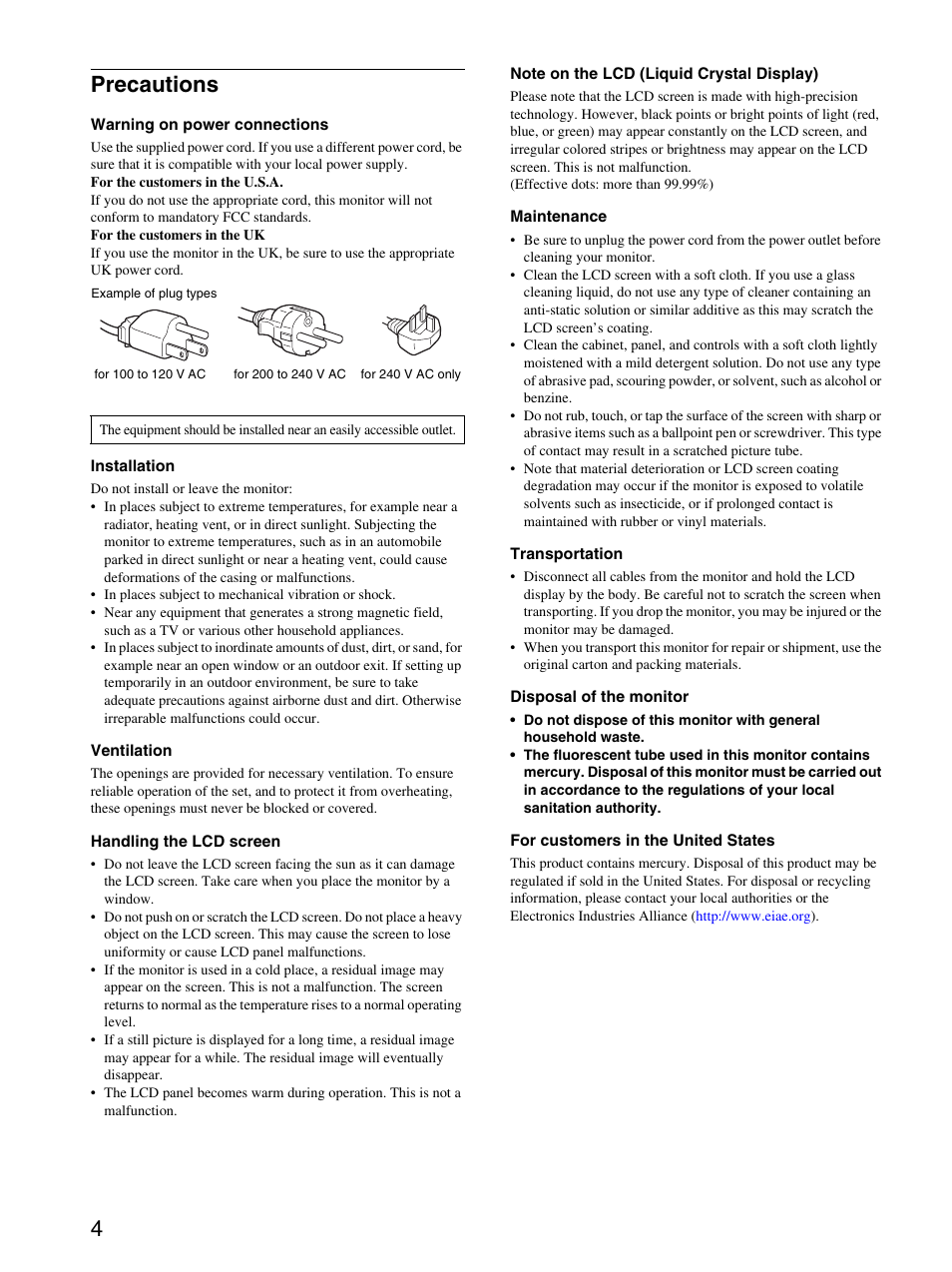 Precautions, 4precautions | Sony SDM-P234 User Manual | Page 4 / 26
