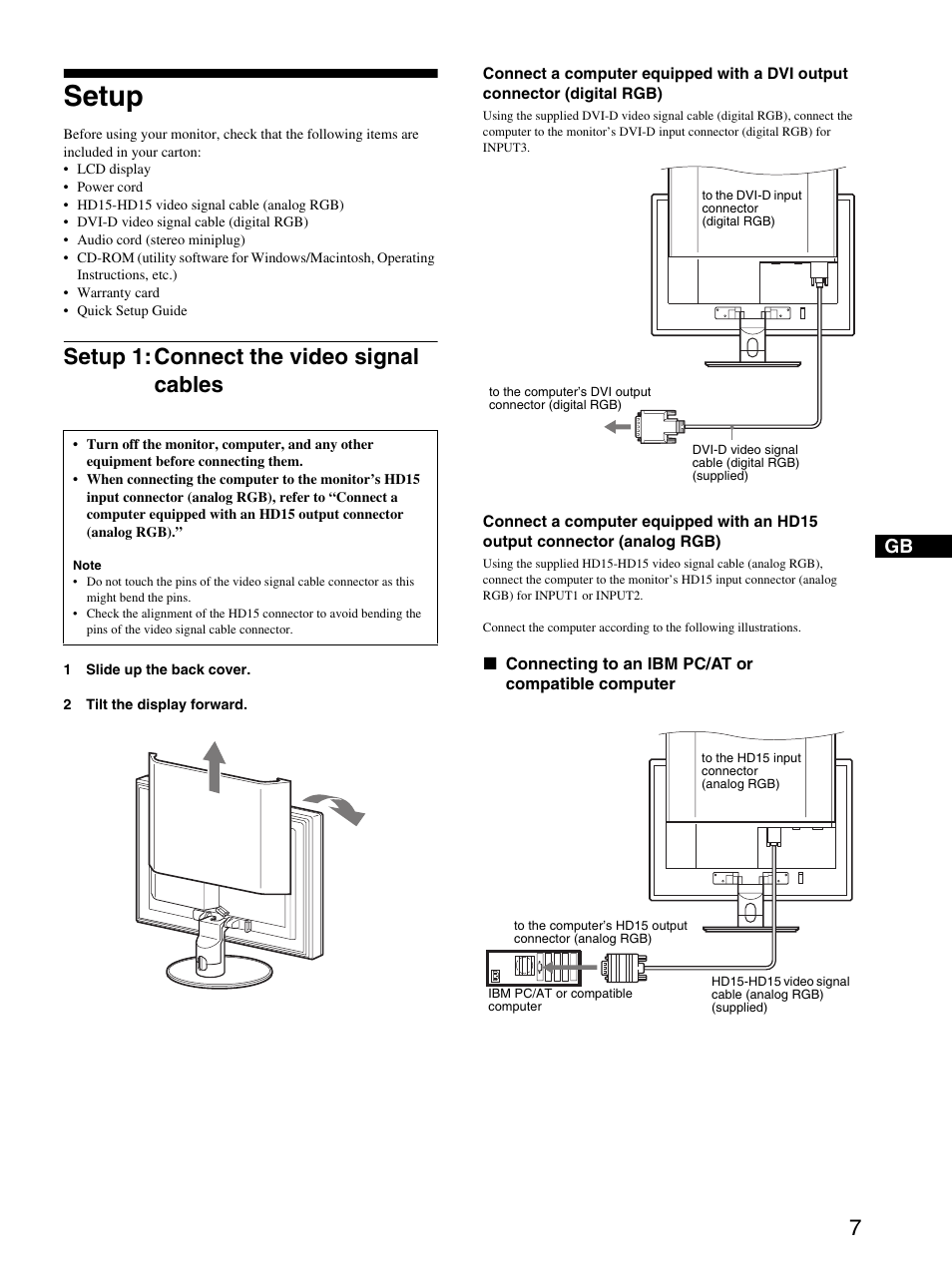 Setup, Setup 1: connect the video signal cables | Sony SDM-P234 User Manual | Page 7 / 26