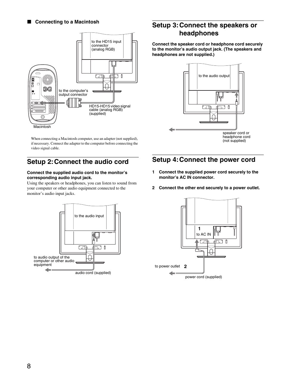 Setup 2: connect the audio cord, Setup 3: connect the speakers or headphones, Setup 4: connect the power cord | Sony SDM-P234 User Manual | Page 8 / 26