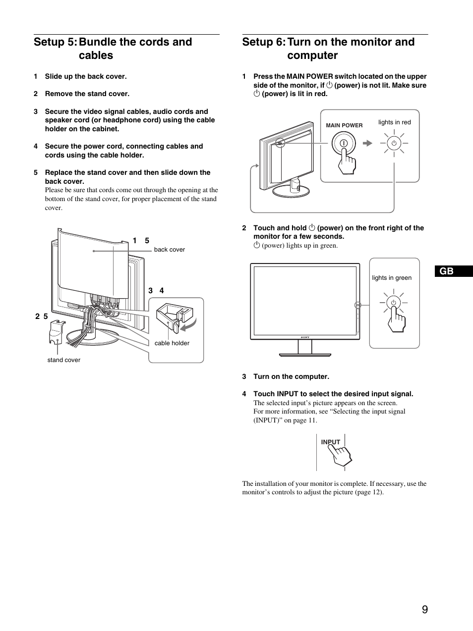 Setup 5: bundle the cords and cables, Setup 6: turn on the monitor and computer | Sony SDM-P234 User Manual | Page 9 / 26