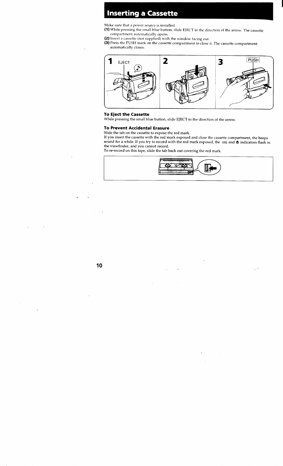 To eject the cassette, To prevent accidental erasure, Inserting a cassette | Sony CCD-TR514 User Manual | Page 10 / 56