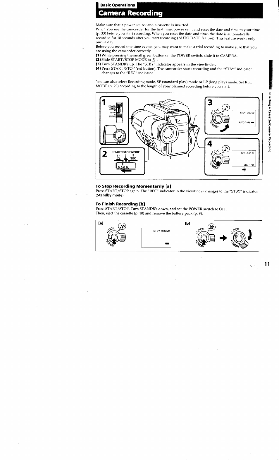 I basic operations, To stop recording momentarily [a, To finish recording [b | Camera recording | Sony CCD-TR514 User Manual | Page 11 / 56