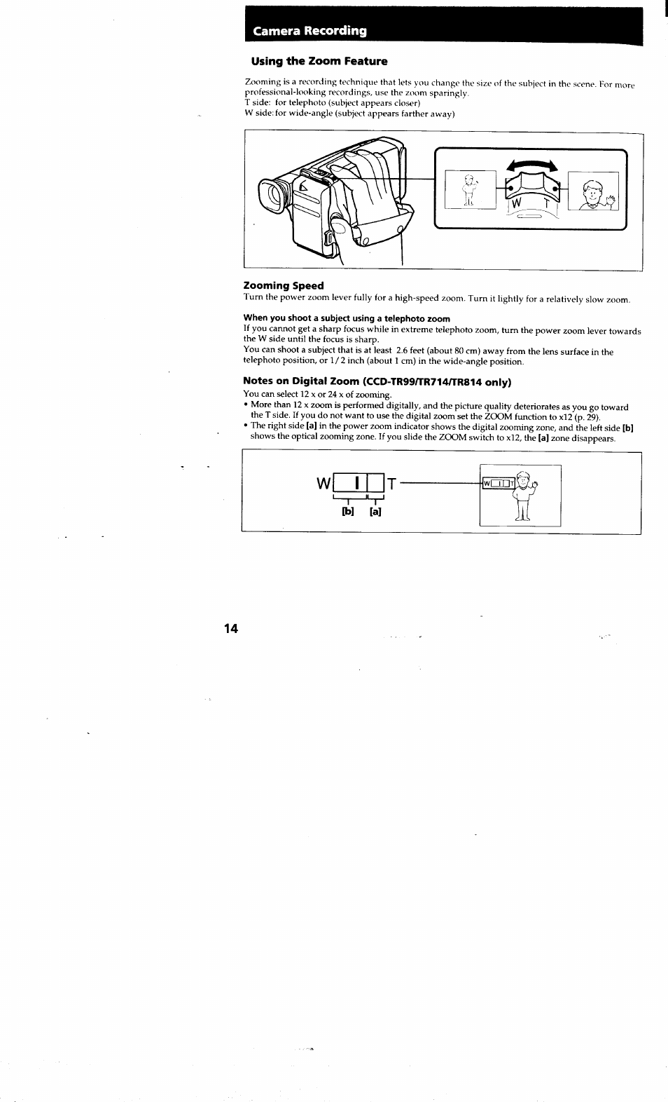 Using the zoom feature, Zooming speed, Notes on digital zoom (ccd-tr99/tr714/tr814 only) | Sony CCD-TR514 User Manual | Page 14 / 56