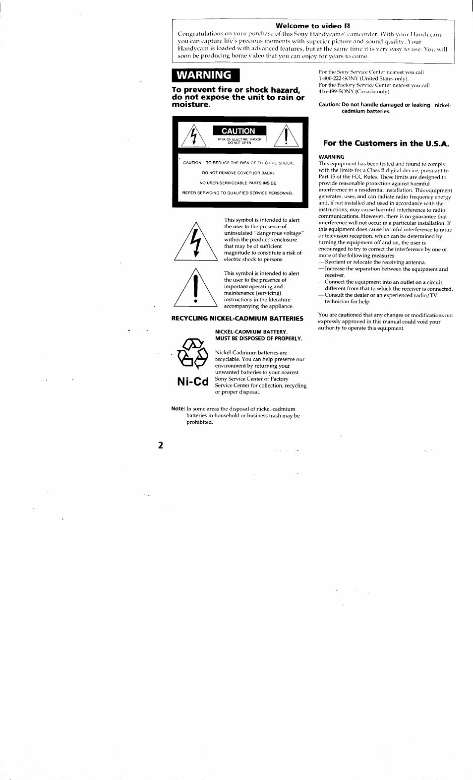Caution, For the customers in the u.s.a, Warning | Ni-cd | Sony CCD-TR514 User Manual | Page 2 / 56