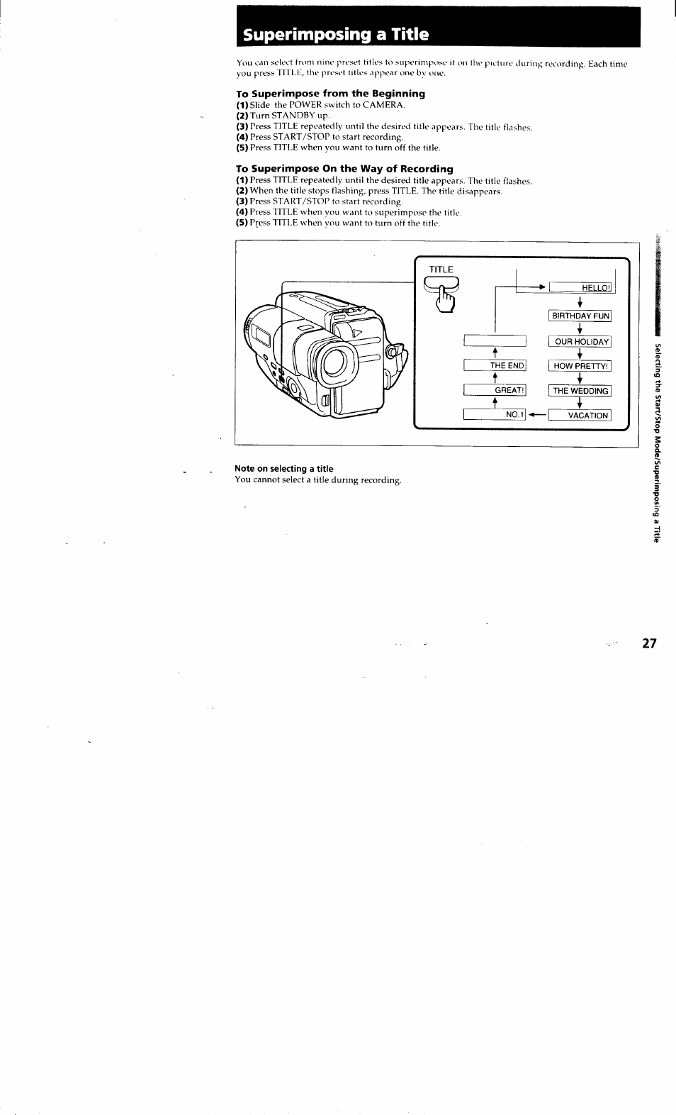 To superimpose from the beginning, To superimpose on the way of recording, Note on selecting a title | Superimposing a title | Sony CCD-TR514 User Manual | Page 27 / 56