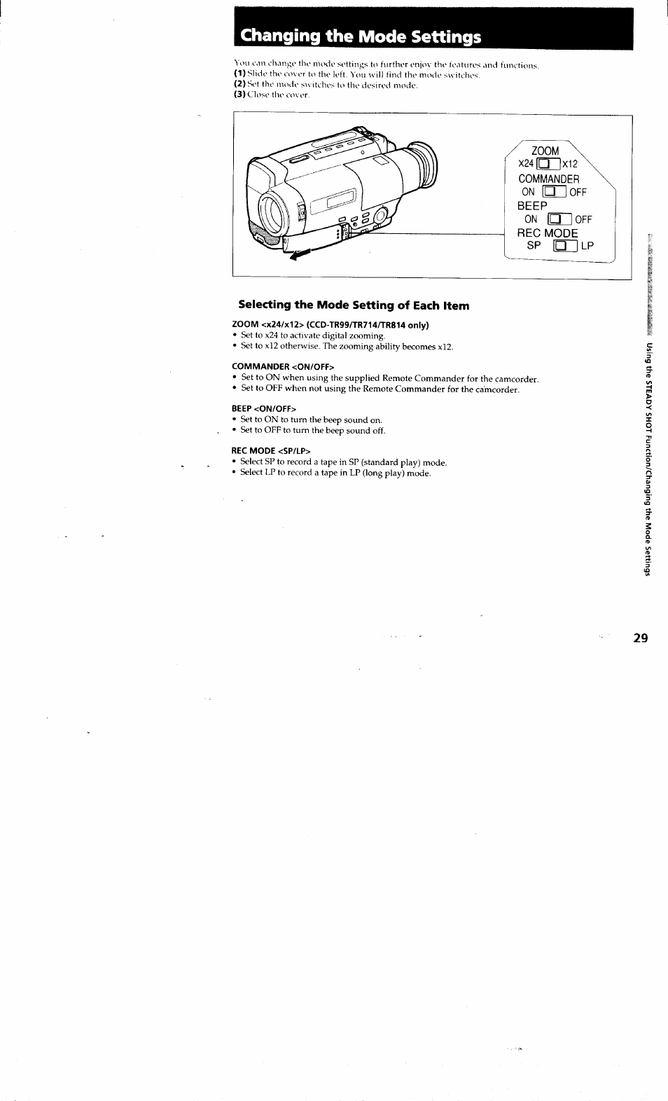 Selecting the mode setting of each item, Zoom <x24/x12> (ccd-tr99/tr714/tr814 only), Commander <on/off | Beep <on/off, Rec mode <sp/lp, Changing the mode settings | Sony CCD-TR514 User Manual | Page 29 / 56