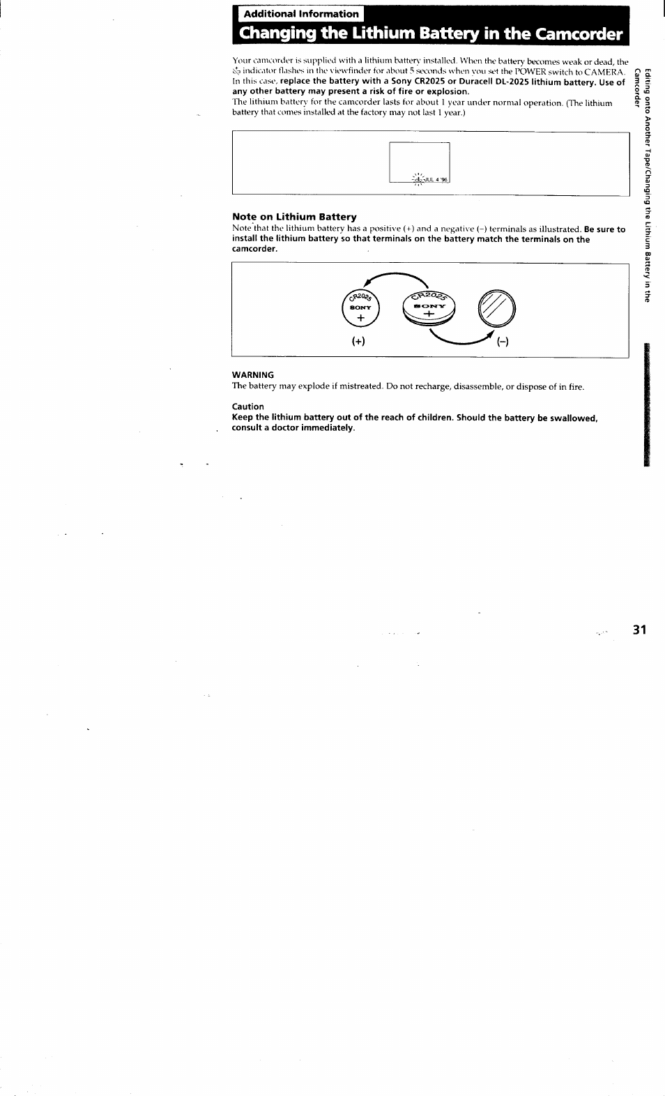 Additional information, Note on lithium battery, Warning | Changing the lithium battery in the camcorder | Sony CCD-TR514 User Manual | Page 31 / 56