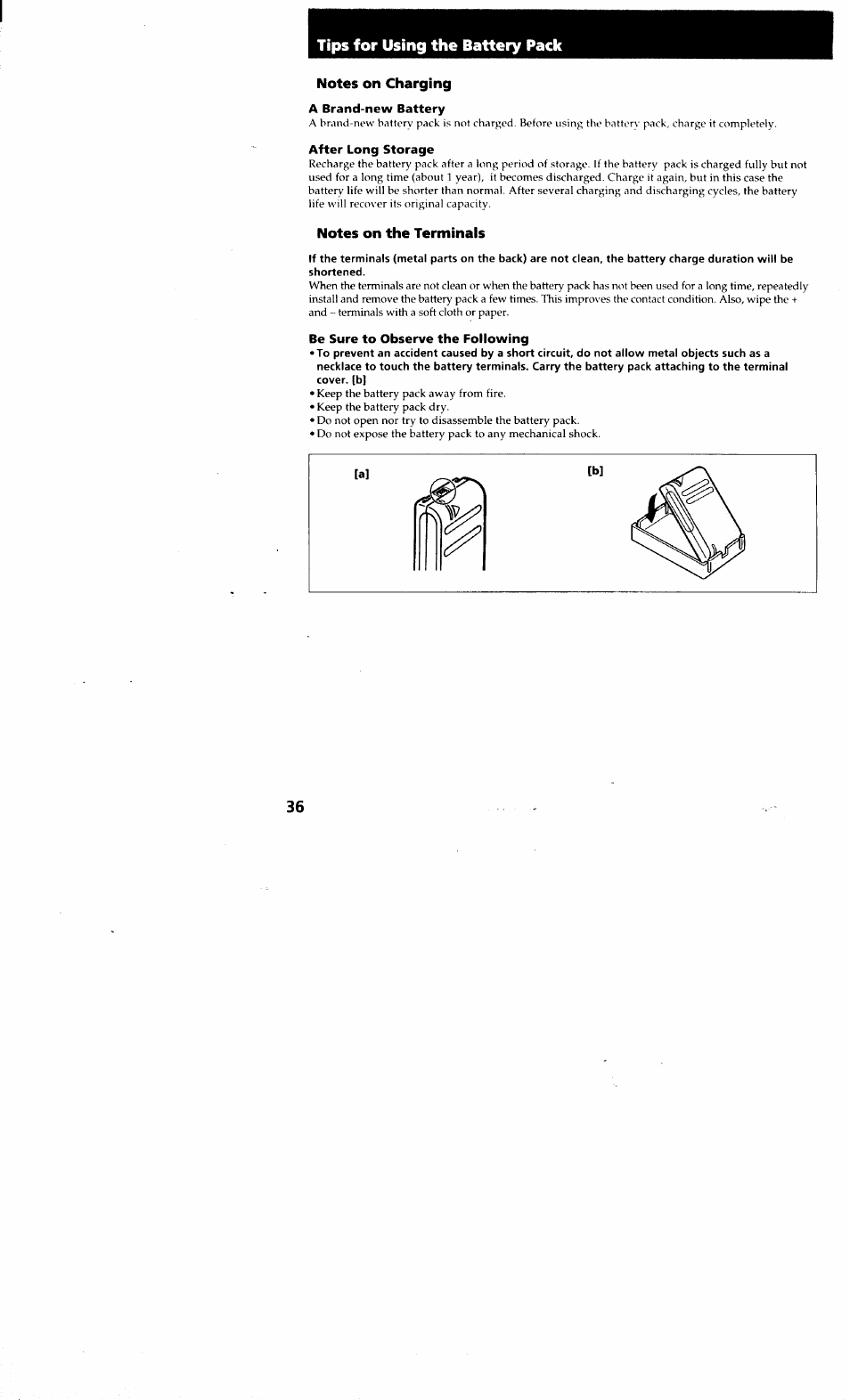 Notes on charging, A brand-new battery, After long storage | Notes on the terminals, Be sure to observe the following | Sony CCD-TR514 User Manual | Page 36 / 56