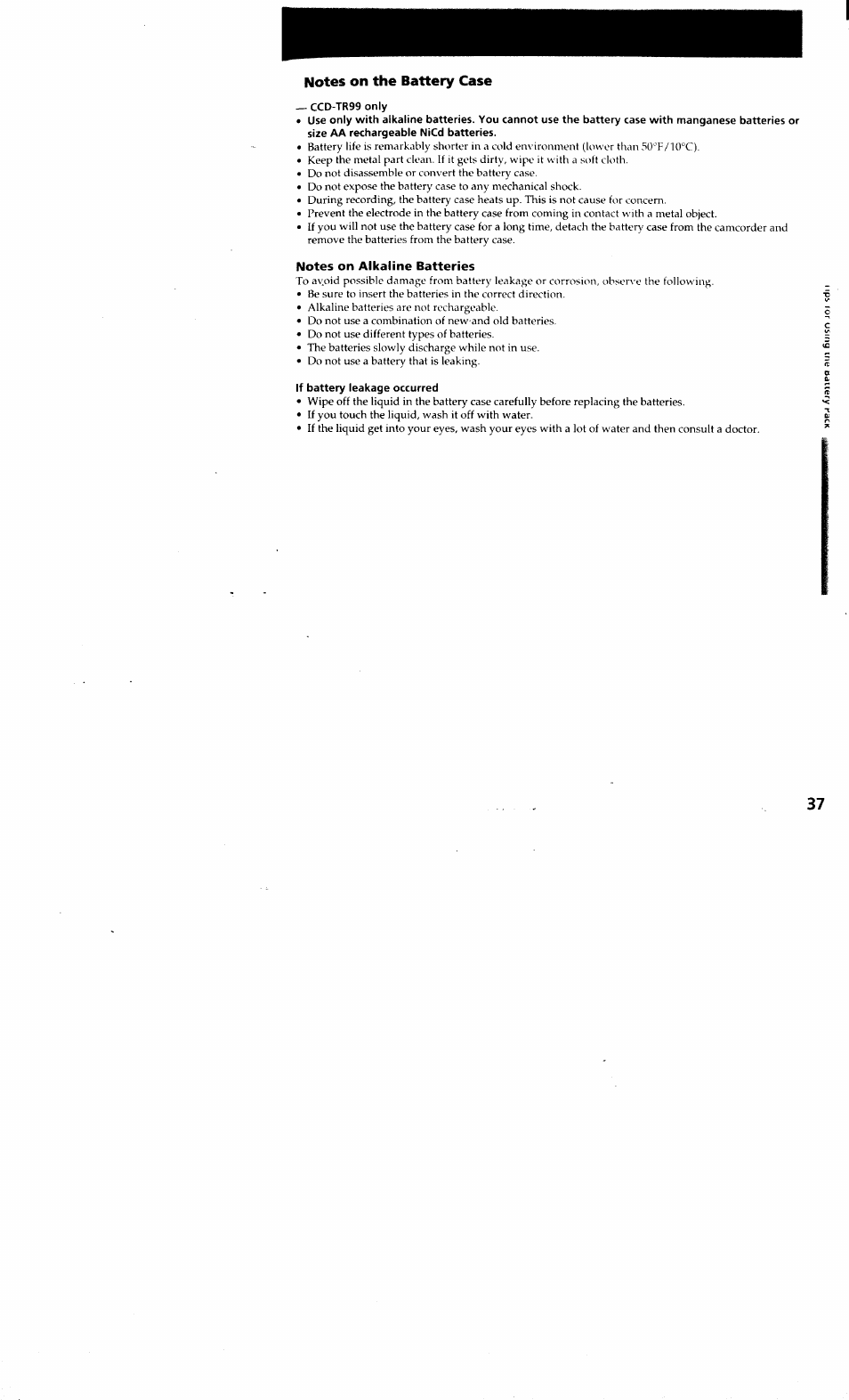 Notes on the battery case, Ccd-tr99 only, Notes on alkaline batteries | If battery leakage occurred | Sony CCD-TR514 User Manual | Page 37 / 56