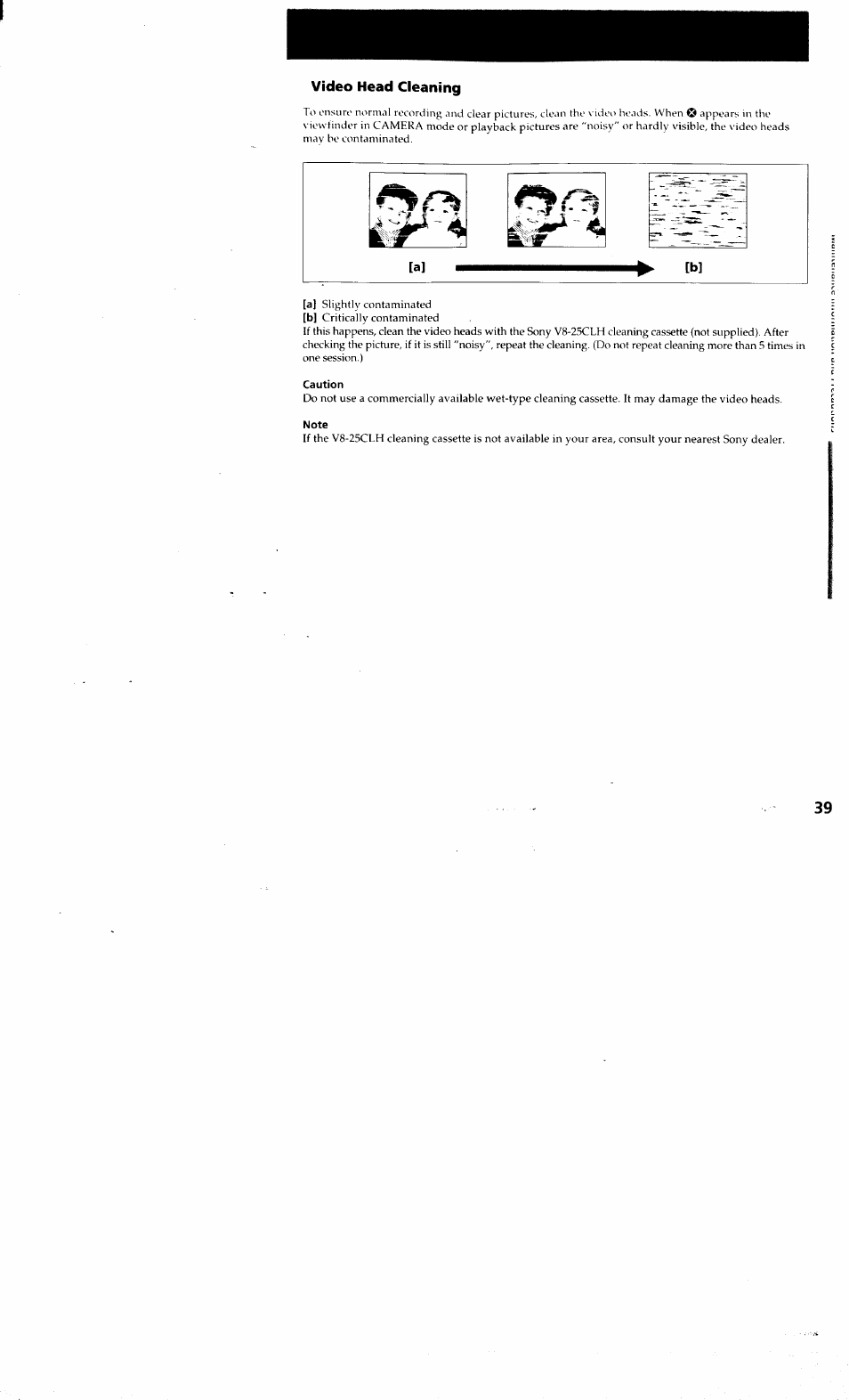 Video head cleaning, Caution | Sony CCD-TR514 User Manual | Page 39 / 56