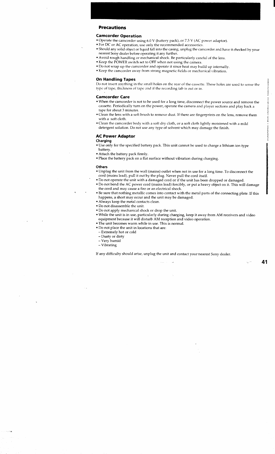 Precautions, Camcorder operation, On handling tapes | Camcorder care, Ac power adaptor, Charging, Others | Sony CCD-TR514 User Manual | Page 41 / 56