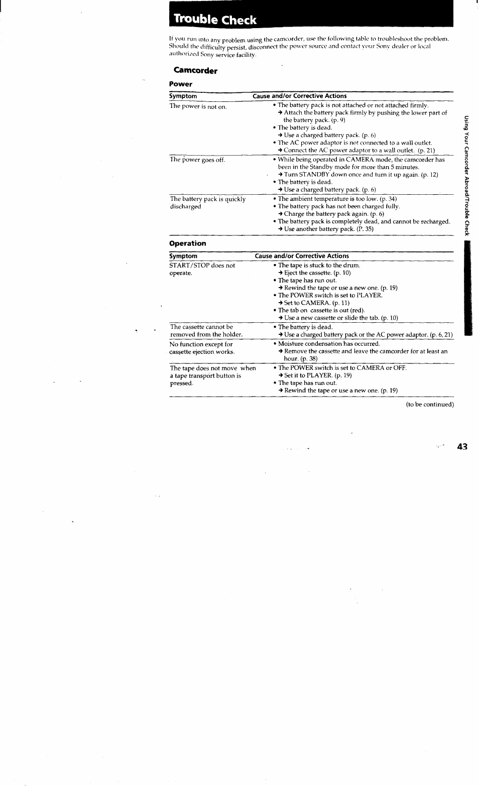 Camcorder, Power, Symptom cause and/or corrective actions | Operation, Symptom, Cause and/or corrective actions, Rouble check | Sony CCD-TR514 User Manual | Page 43 / 56