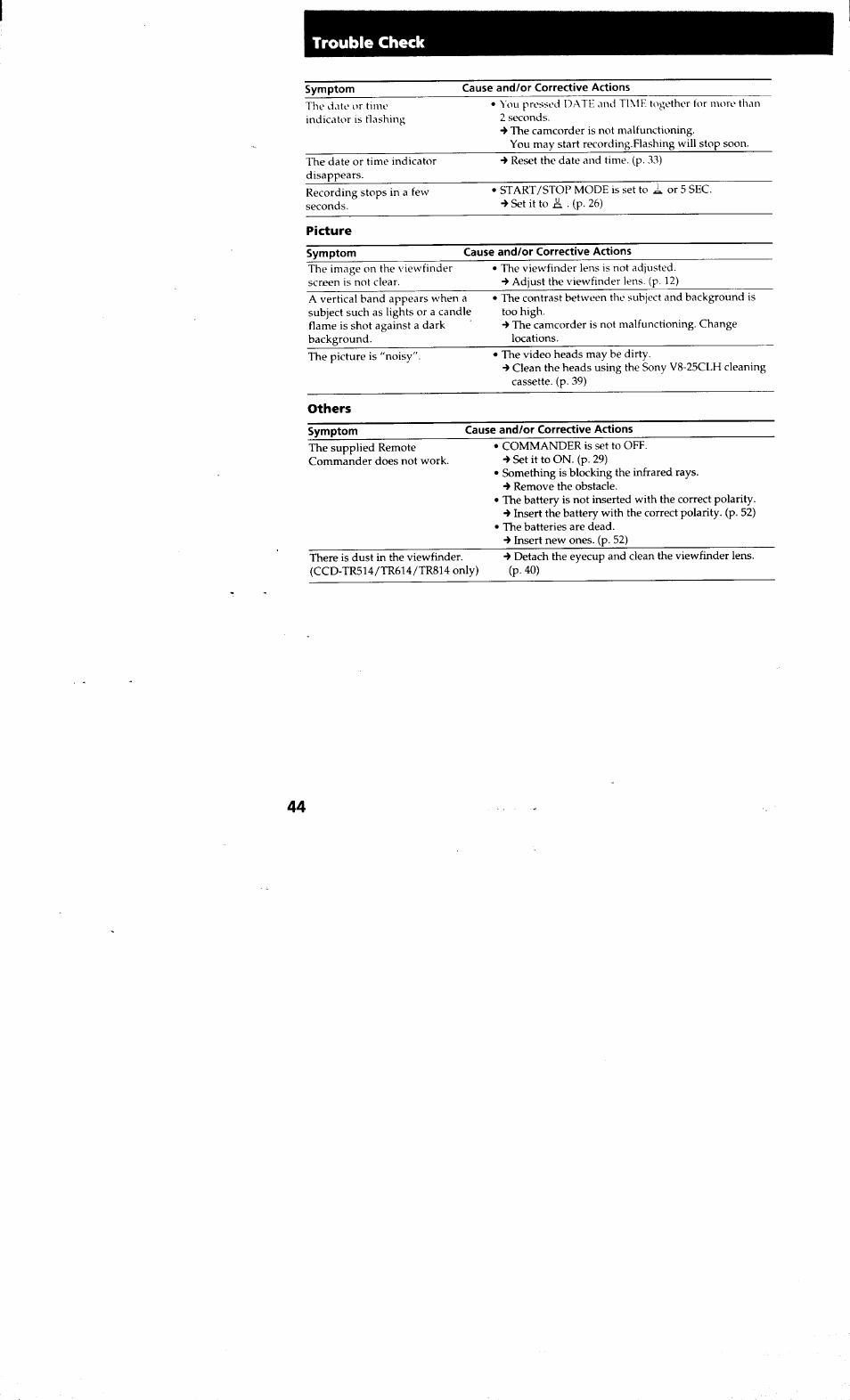 Trouble check | Sony CCD-TR514 User Manual | Page 44 / 56