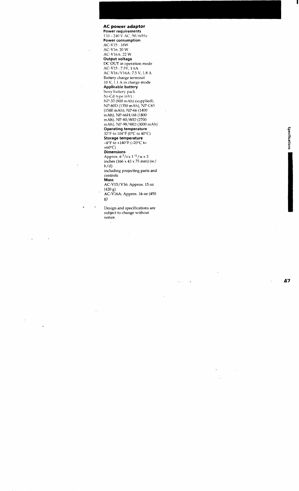 Ac power adaptor, Power requirements, Dimensions | Mass | Sony CCD-TR514 User Manual | Page 47 / 56
