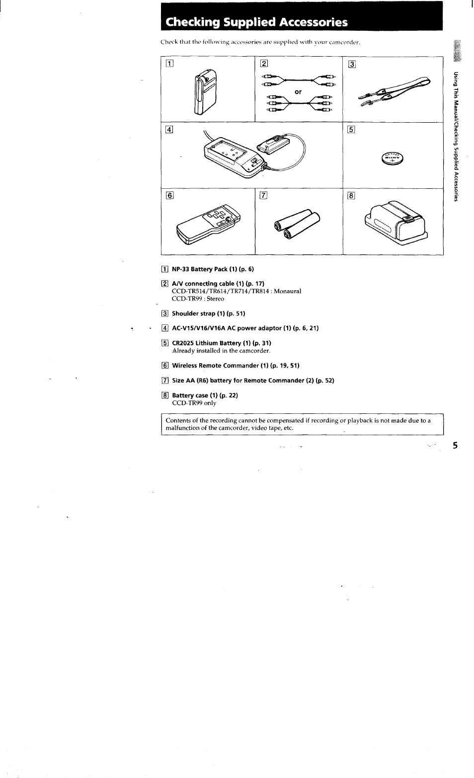 Checking supplied accessories | Sony CCD-TR514 User Manual | Page 5 / 56