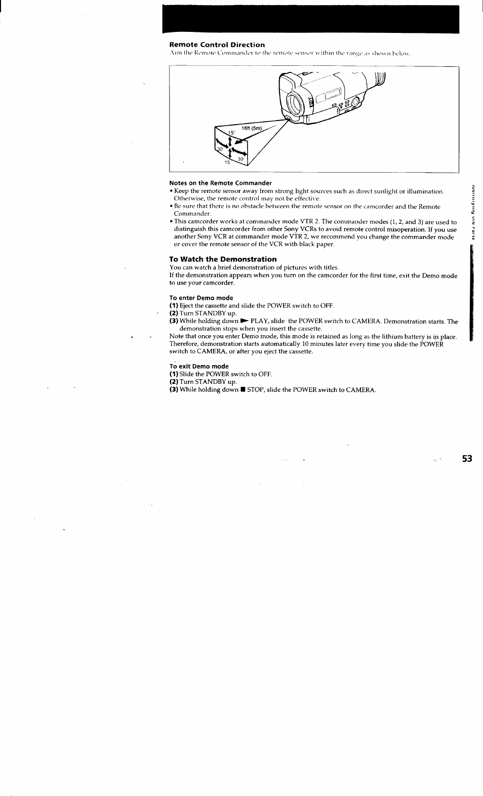 Remote control direction, Notes on the remote commander, To watch the demonstration | To enter demo mode, To exit demo mode | Sony CCD-TR514 User Manual | Page 53 / 56