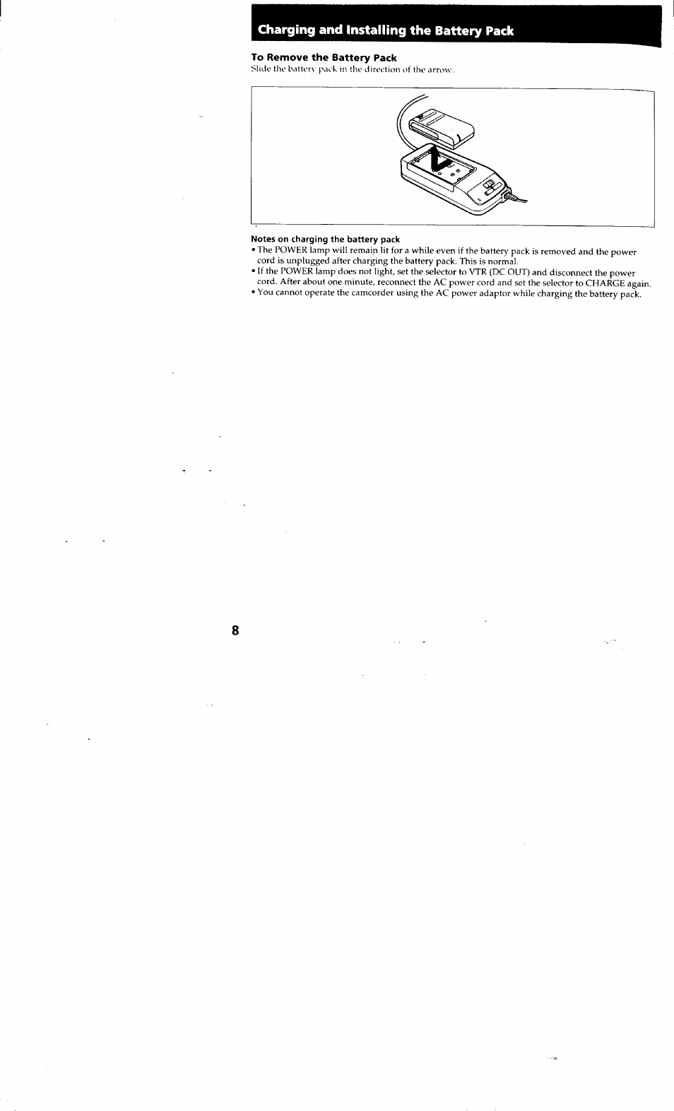 To remove the battery pack, Notes on charging the battery pack | Sony CCD-TR514 User Manual | Page 8 / 56