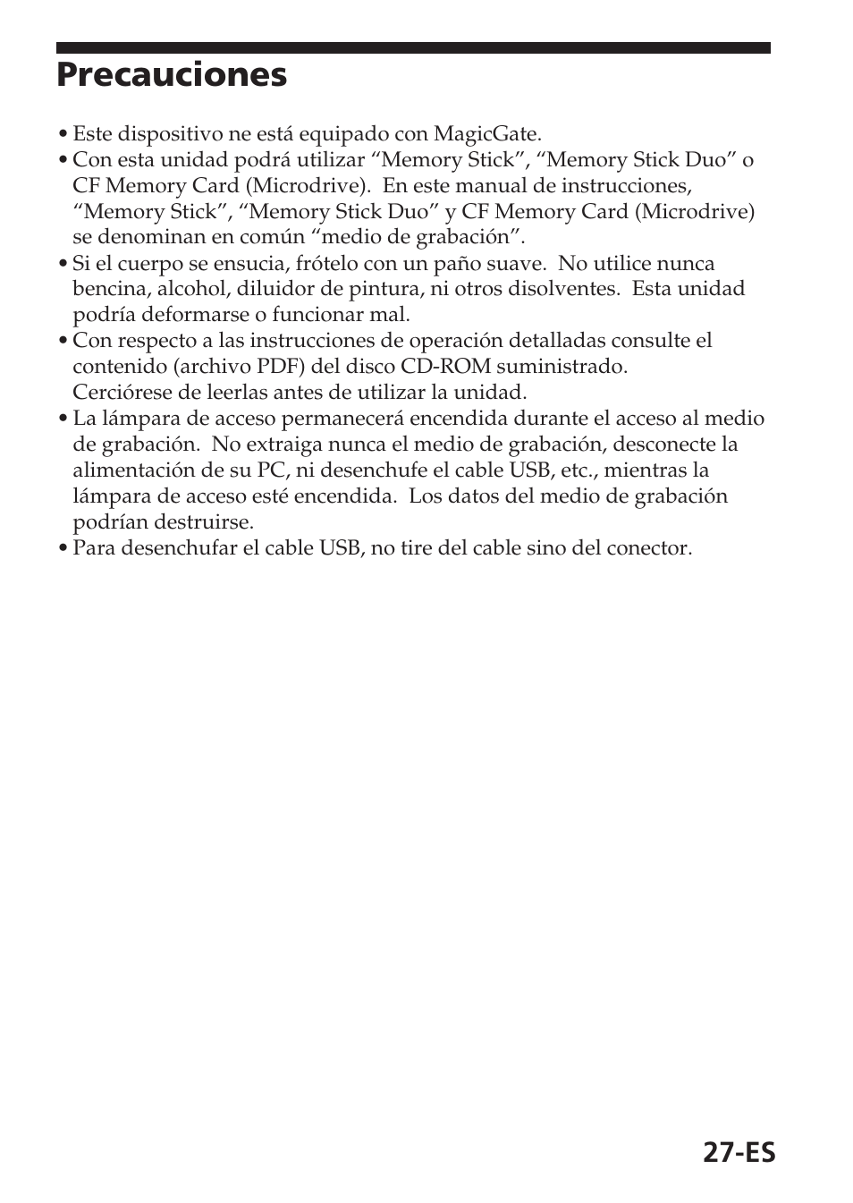 Precauciones | Sony MSAC-USM1 User Manual | Page 100 / 178