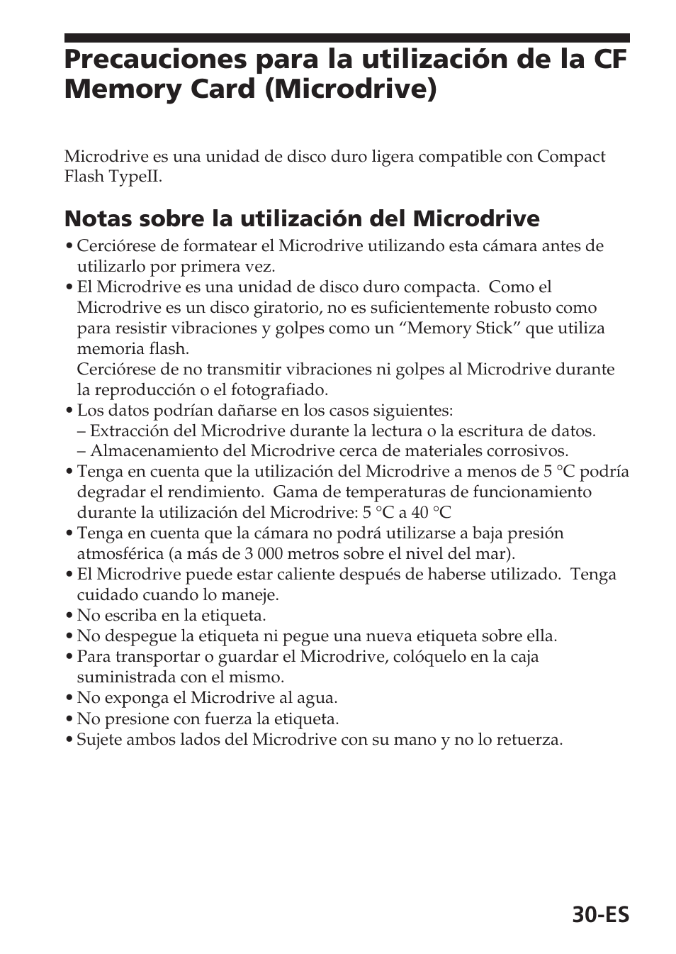 Notas sobre la utilización del microdrive | Sony MSAC-USM1 User Manual | Page 103 / 178