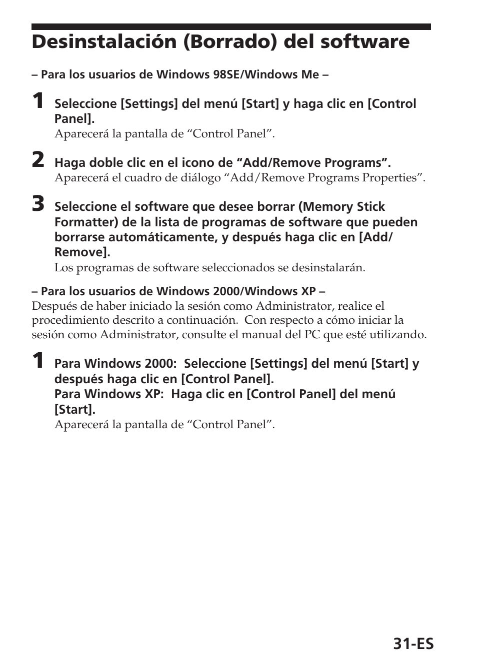 Desinstalación (borrado) del software | Sony MSAC-USM1 User Manual | Page 104 / 178