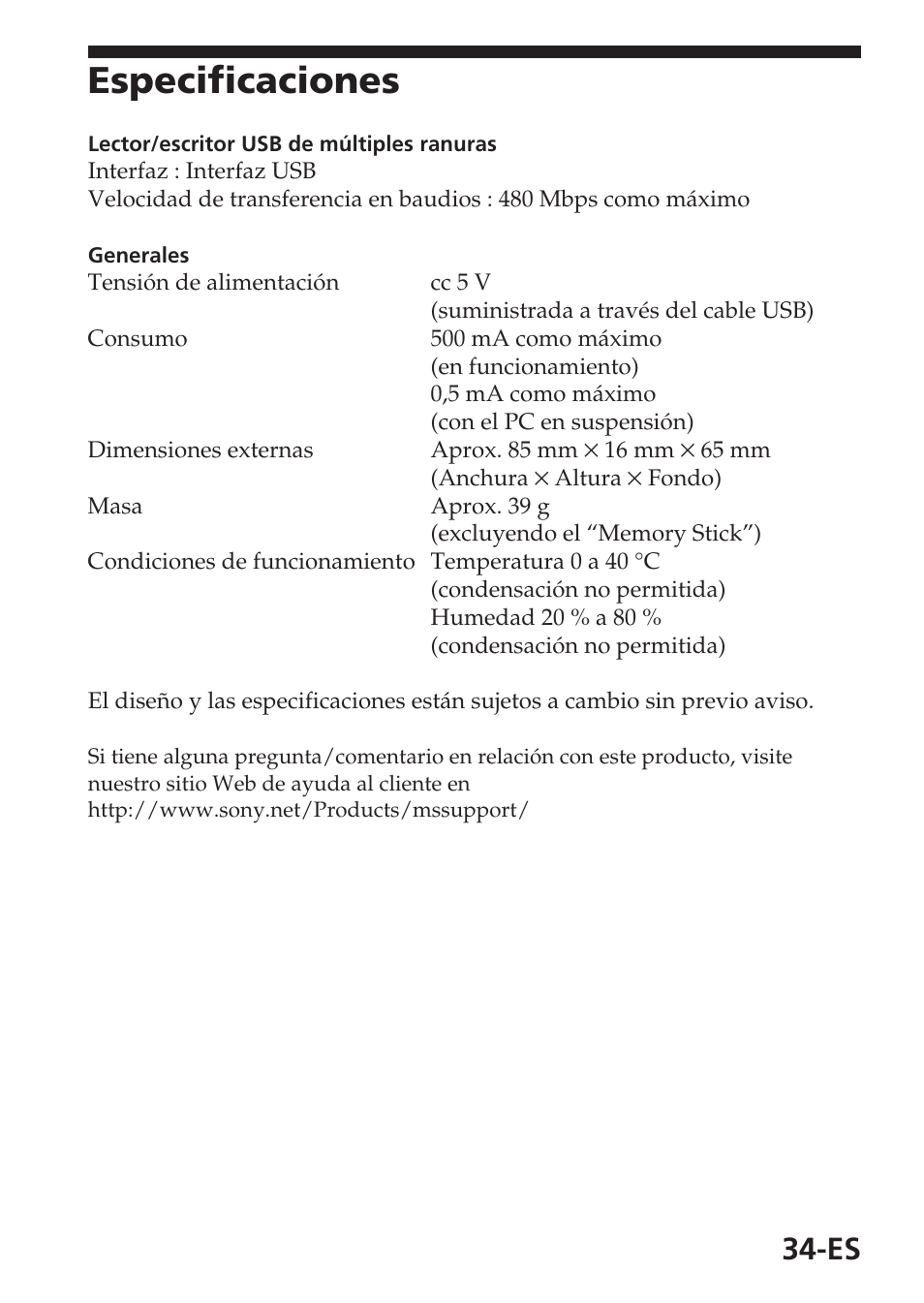 Especificaciones | Sony MSAC-USM1 User Manual | Page 107 / 178