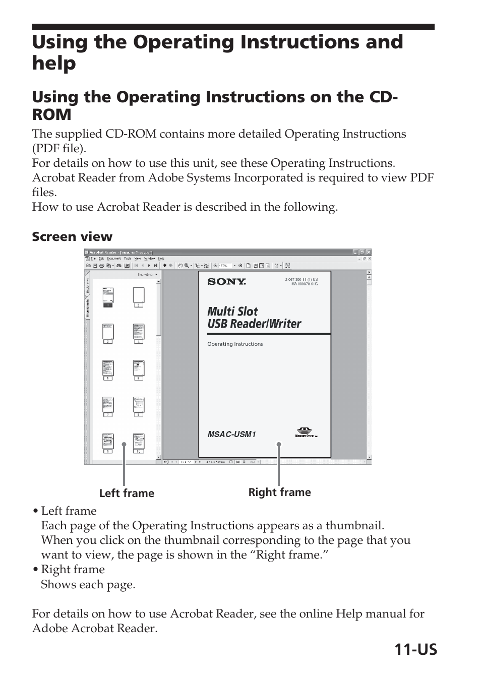 Using the operating instructions and help, Using the operating instructions on the cd- rom | Sony MSAC-USM1 User Manual | Page 11 / 178