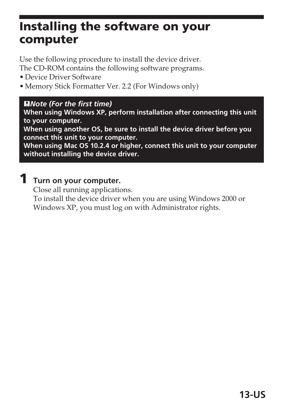 Installing the software on your computer | Sony MSAC-USM1 User Manual | Page 13 / 178