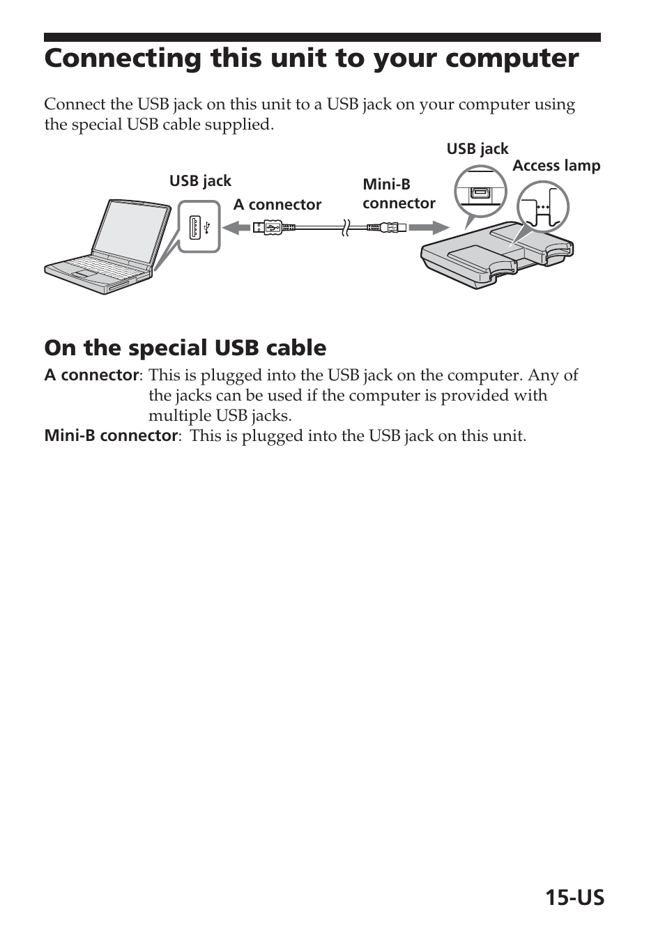 Connecting this unit to your computer, On the special usb cable | Sony MSAC-USM1 User Manual | Page 15 / 178