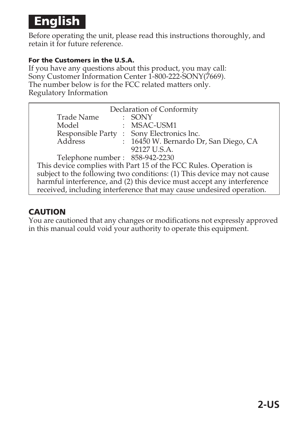 English | Sony MSAC-USM1 User Manual | Page 2 / 178