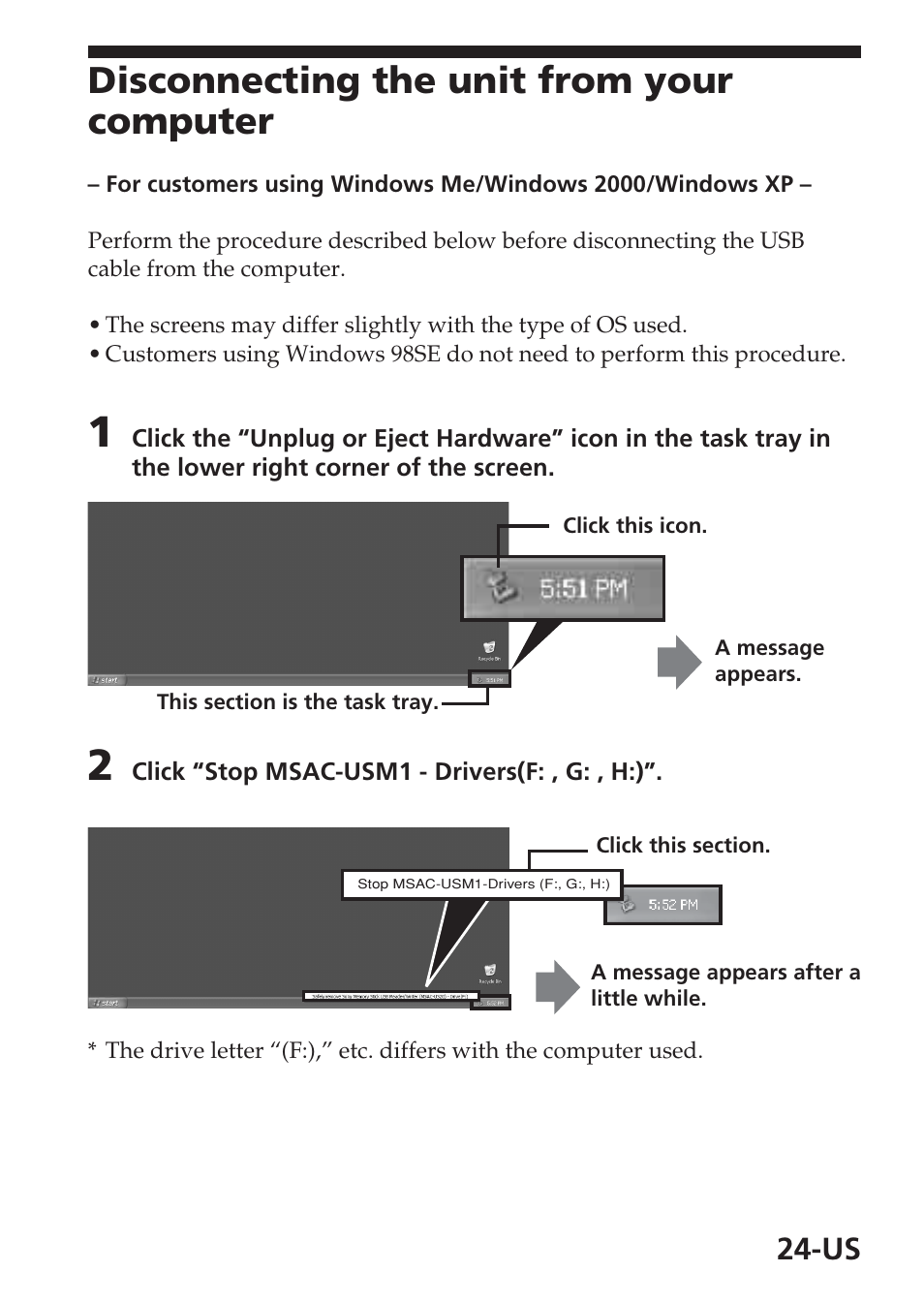 Disconnecting the unit from your computer | Sony MSAC-USM1 User Manual | Page 24 / 178