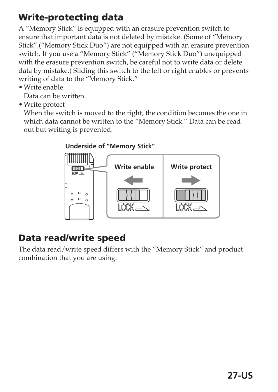 Us write-protecting data, Data read/write speed, Lock | Sony MSAC-USM1 User Manual | Page 27 / 178