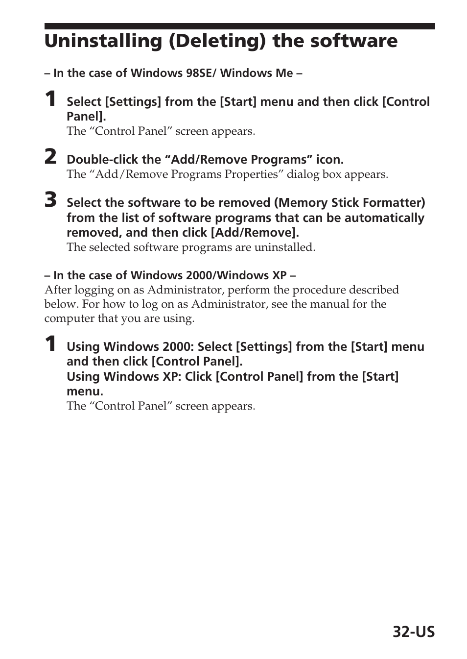 Uninstalling (deleting) the software | Sony MSAC-USM1 User Manual | Page 32 / 178