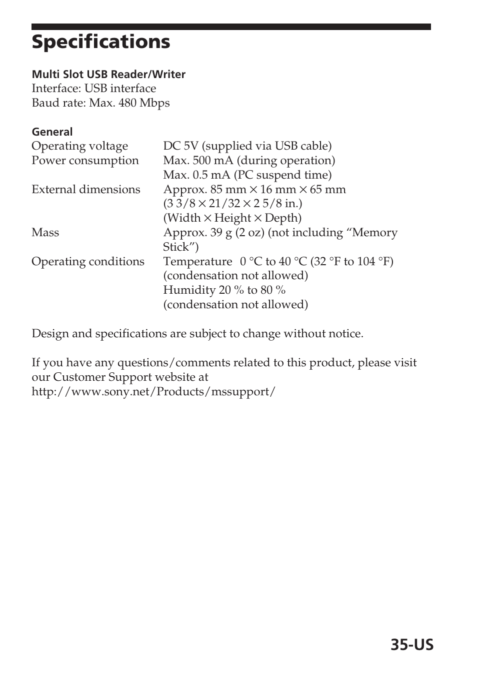 Specifications | Sony MSAC-USM1 User Manual | Page 35 / 178