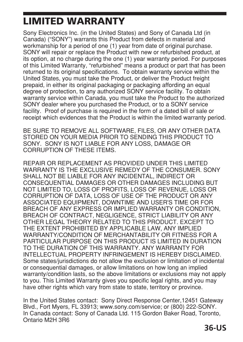 Limited warranty | Sony MSAC-USM1 User Manual | Page 36 / 178