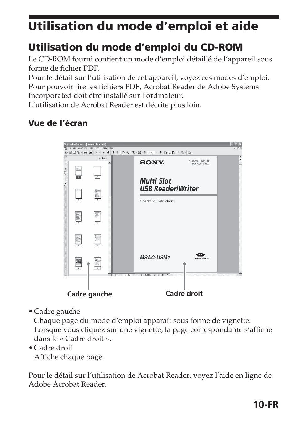 Utilisation du mode d’emploi et aide, Utilisation du mode d’emploi du cd-rom | Sony MSAC-USM1 User Manual | Page 47 / 178