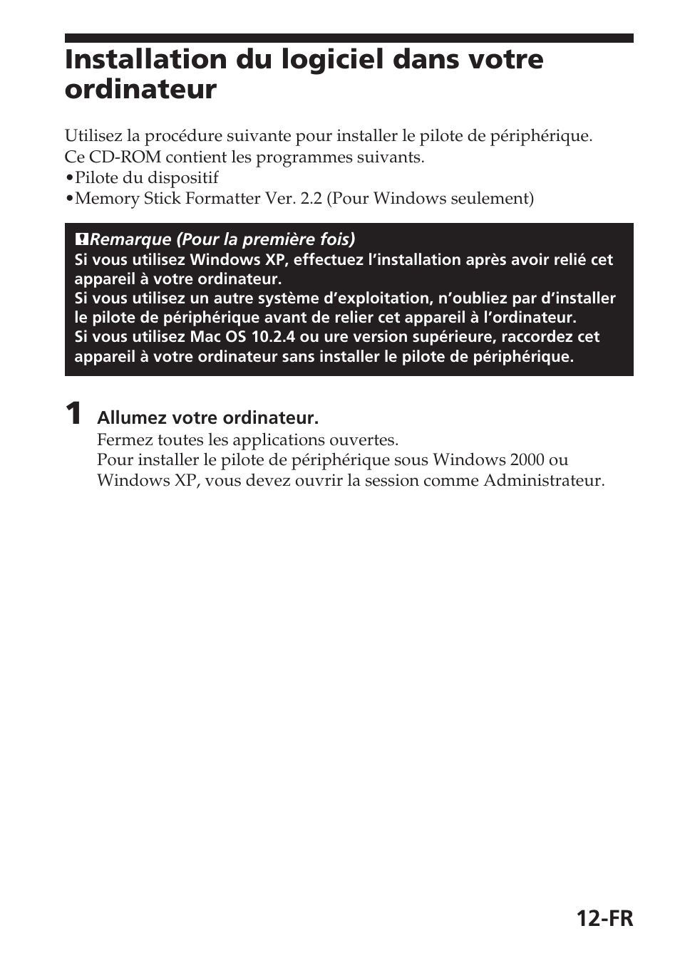 Installation du logiciel dans votre ordinateur | Sony MSAC-USM1 User Manual | Page 49 / 178