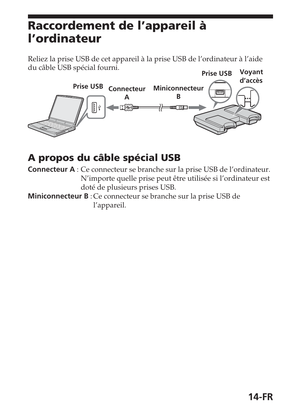 Raccordement de l’appareil à l’ordinateur, A propos du câble spécial usb | Sony MSAC-USM1 User Manual | Page 51 / 178