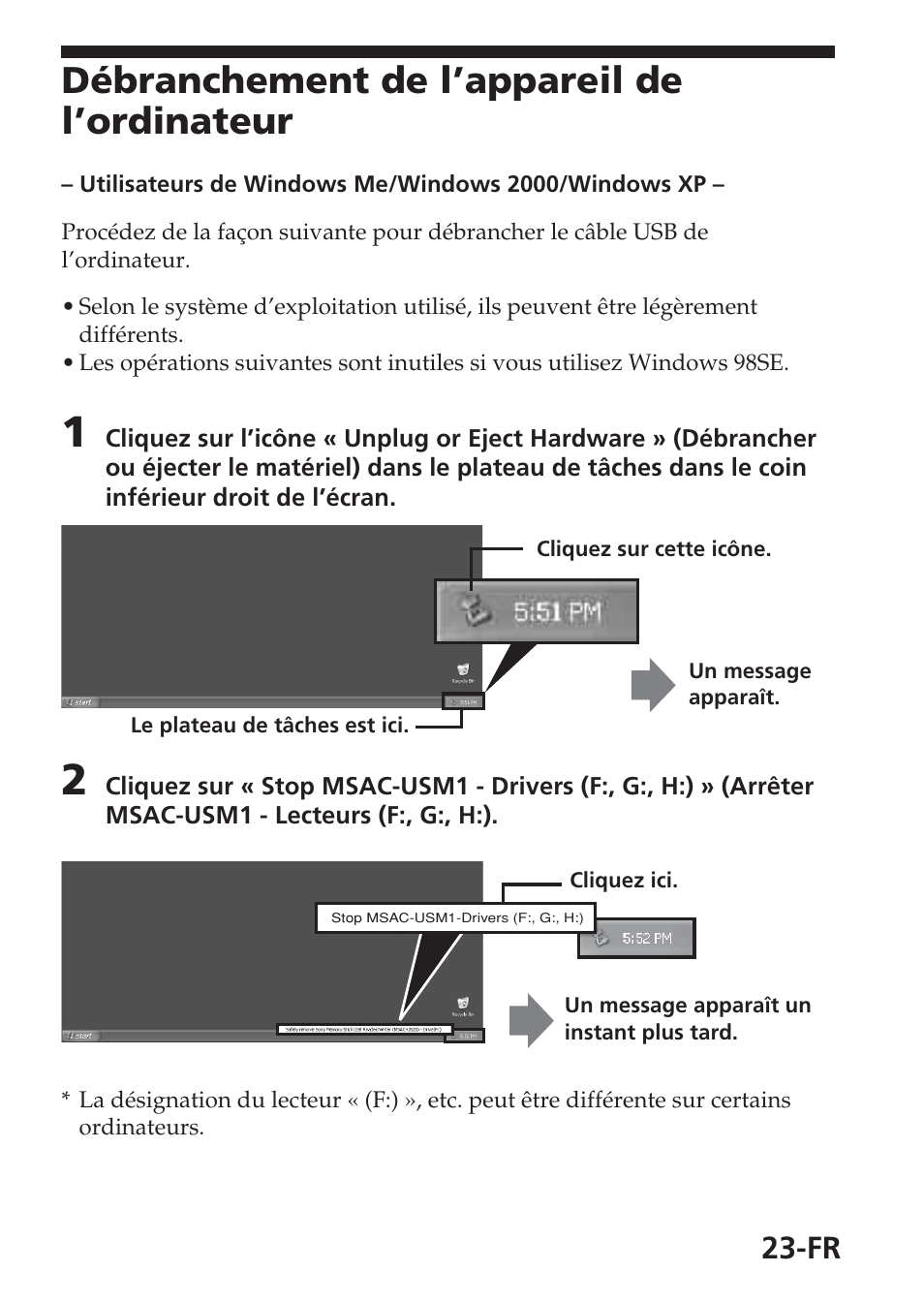 Débranchement de l’appareil de l’ordinateur | Sony MSAC-USM1 User Manual | Page 60 / 178