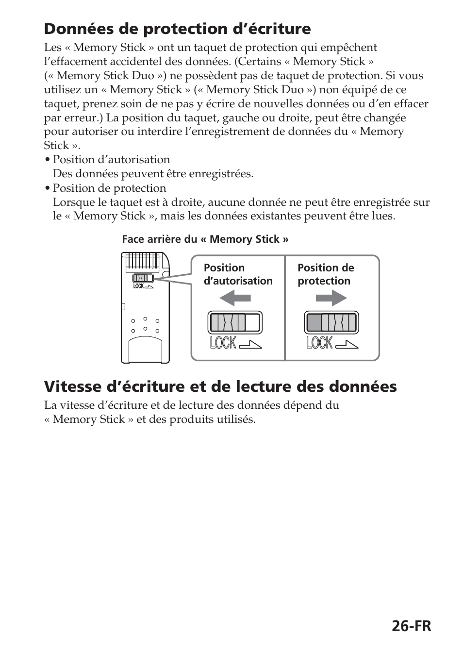 Fr données de protection d’écriture, Vitesse d’écriture et de lecture des données, Lock | Sony MSAC-USM1 User Manual | Page 63 / 178