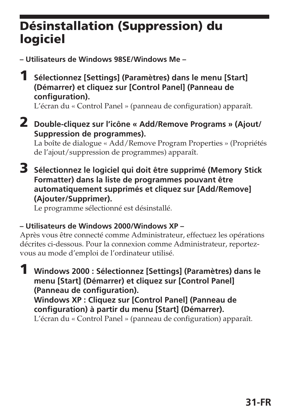 Désinstallation (suppression) du logiciel | Sony MSAC-USM1 User Manual | Page 68 / 178