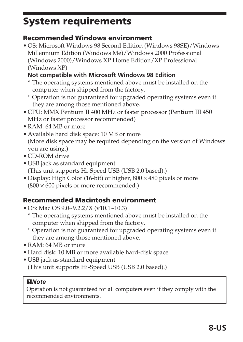 System requirements | Sony MSAC-USM1 User Manual | Page 8 / 178