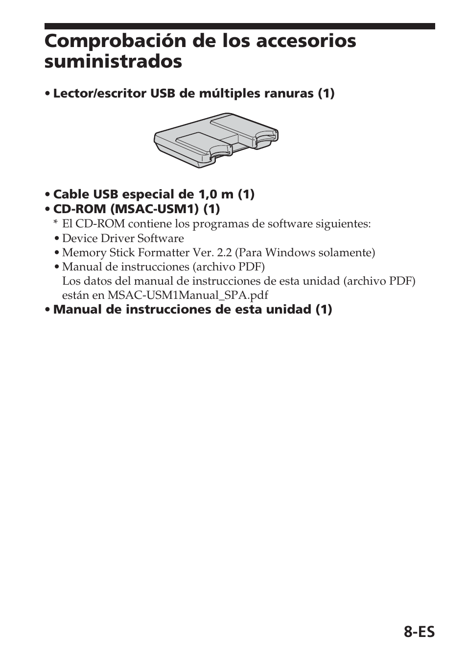 Comprobación de los accesorios suministrados | Sony MSAC-USM1 User Manual | Page 81 / 178