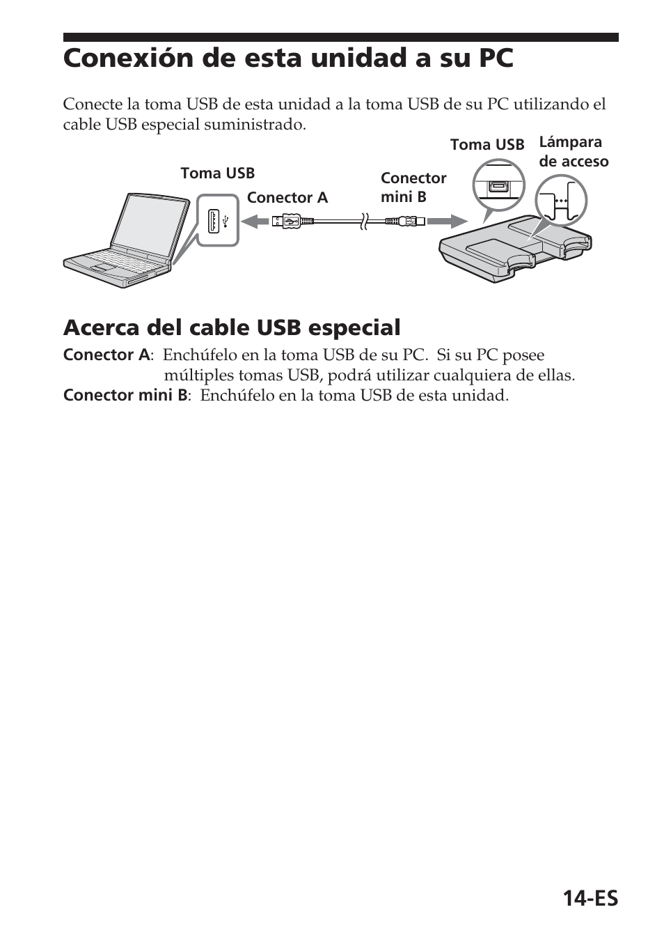 Conexión de esta unidad a su pc, Acerca del cable usb especial | Sony MSAC-USM1 User Manual | Page 87 / 178