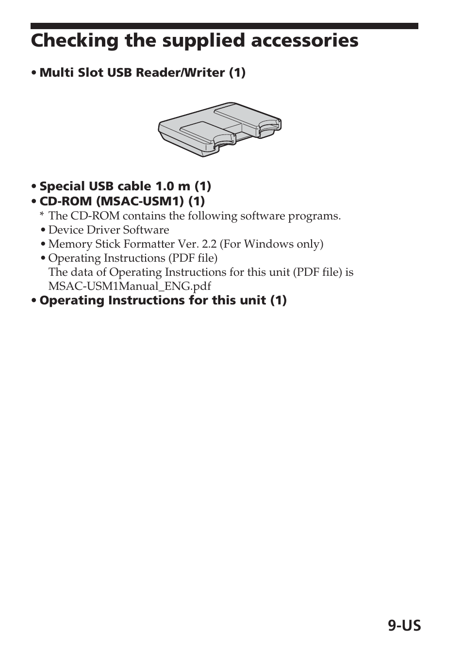 Checking the supplied accessories | Sony MSAC-USM1 User Manual | Page 9 / 178