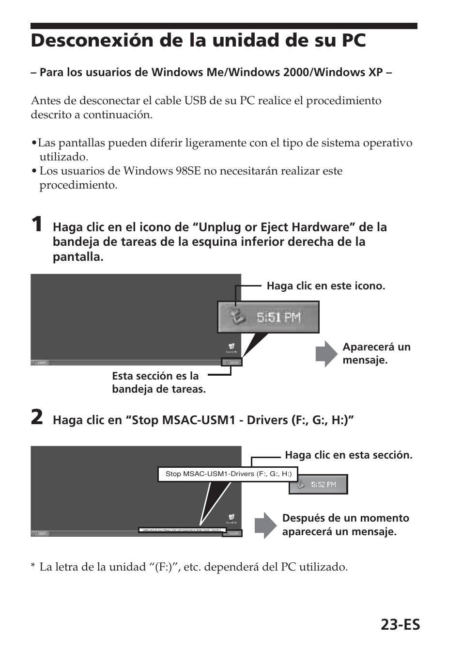 Desconexión de la unidad de su pc | Sony MSAC-USM1 User Manual | Page 96 / 178