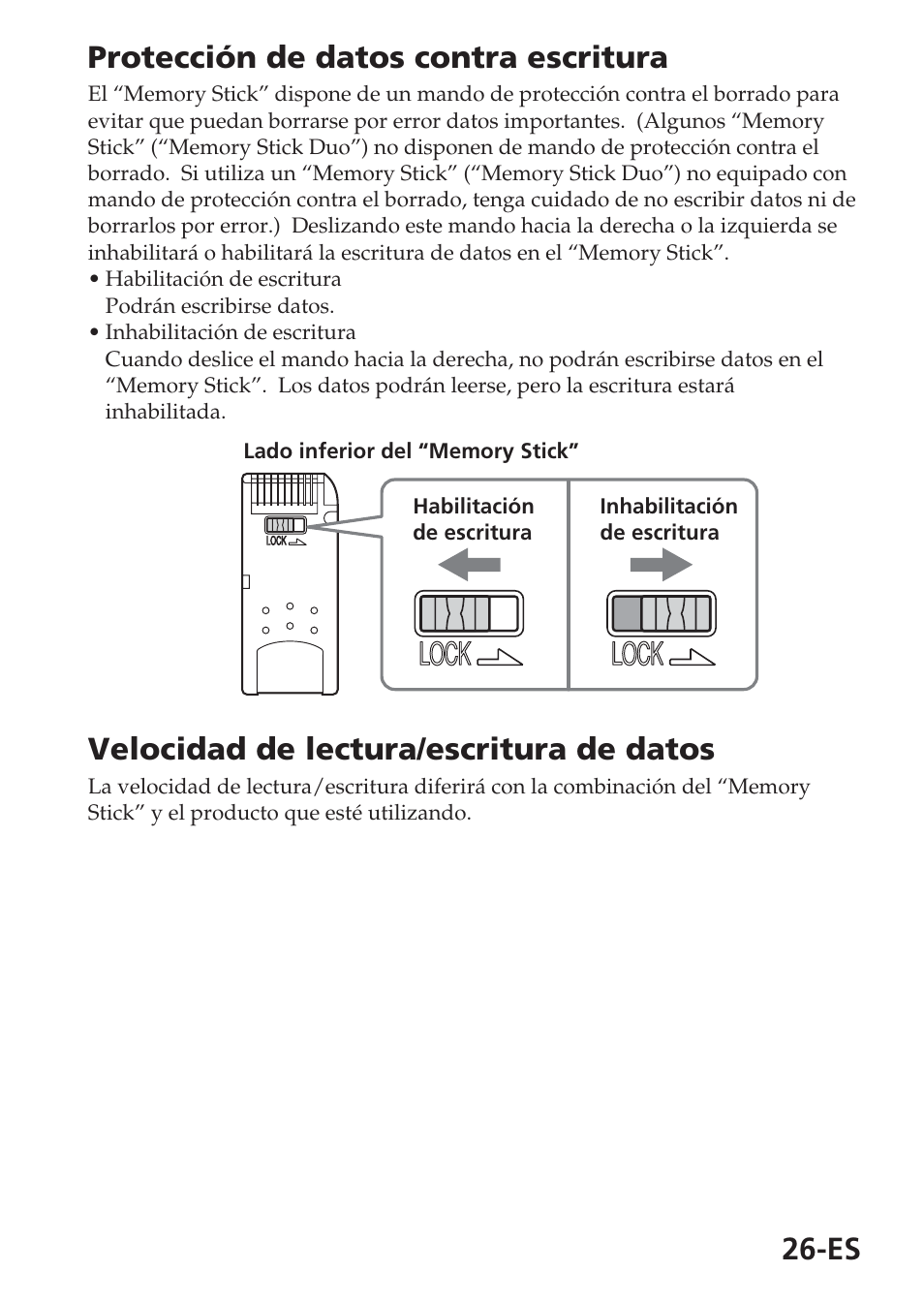 Es protección de datos contra escritura, Velocidad de lectura/escritura de datos, Lock | Sony MSAC-USM1 User Manual | Page 99 / 178