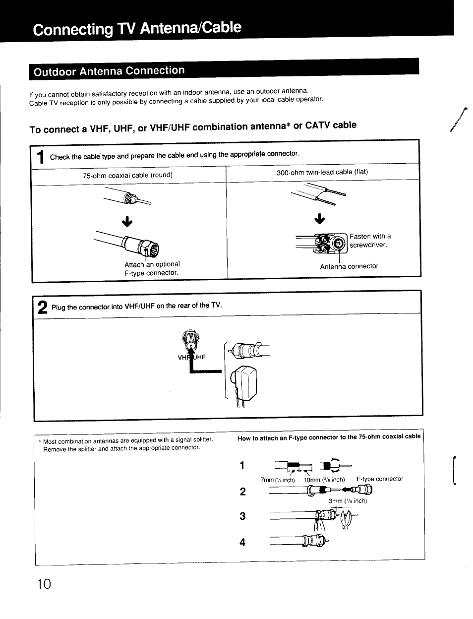 Connecting tv antenna/cable, Outdoor antenna connection | Sony KV-19TS20 User Manual | Page 10 / 23