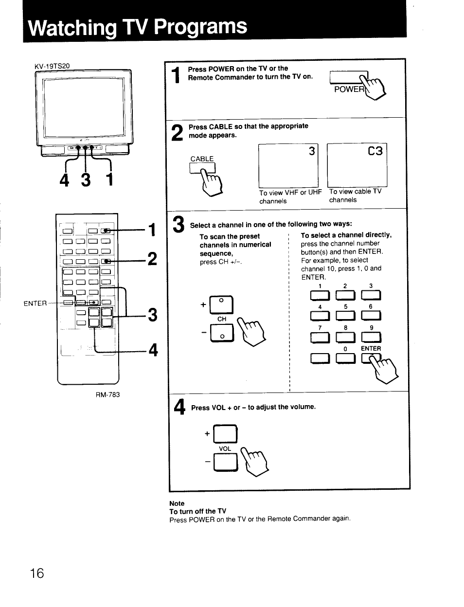 Watching tv programs | Sony KV-19TS20 User Manual | Page 16 / 23